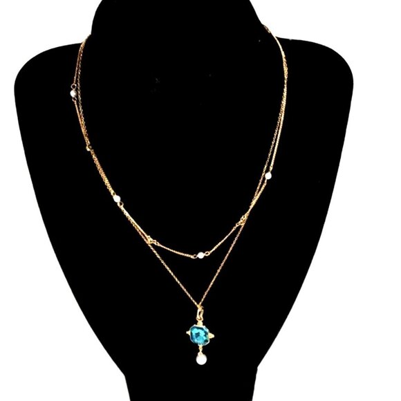 Elegant Gold-Tone Layered Necklace - Blue Gem & Pearl Accents - Stylish Women's - Picture 1 of 9